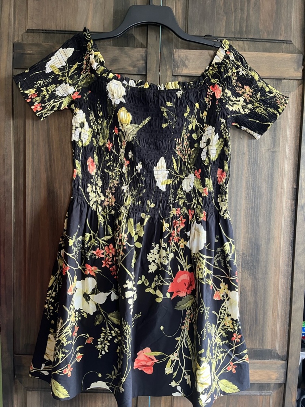 H&M Black Floral Ruffled Off-Shoulder Top with Yellow Accents